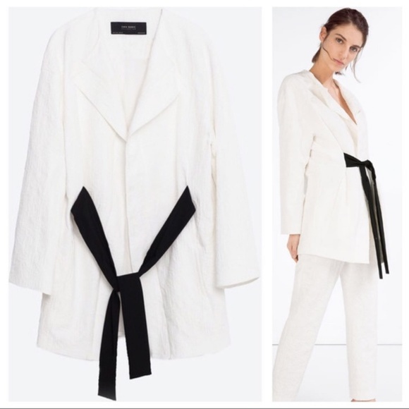 Zara White Long Jacquard Blazer Jacket Sash Tie XS - Picture 1 of 6